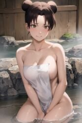 1girls ai_generated almost_naked bangs barely_clothed bathhouse big_breasts blush breasts cleavage collarbone covering covering_crotch covering_self double_bun female female_only hot_spring in_water kneeling nai_diffusion naruto naruto_(series) naruto_shippuden on_knees onsen partially_submerged sitting smile solo solo_focus stable_diffusion tenten tied_hair towel towel_only twin_buns water wet wet_body wet_skin yaouchiha