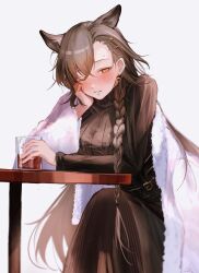 absurdres alcohol animal_ears arknights arm_rest artist_name bell belt belt_buckle blurry blurry_background blush braid breasts brown_belt brown_corset brown_hair brown_skirt brown_sweater buckle colored_inner_hair commentary corset crossed_bangs crossed_legs cup depth_of_field donata_(donatasama) drink drinking_glass drunk earrings extra_ears eyelashes feet_out_of_frame female from_side fur-trimmed_jacket fur-trimmed_sleeves fur-trimmed_sweater fur_trim glass grey_background grin hair_between_eyes hair_ornament hair_over_one_eye hair_tie hairclip half-closed_eye hand_on_own_cheek hand_on_own_face hand_up head_rest high_collar highres holding holding_cup holding_drink ice ice_cube jacket jewelry jingle_bell jingle_bell_earrings large_breasts leaning leaning_forward leaning_on_object light_brown_hair lips long_hair long_skirt long_sleeves looking_at_viewer low-tied_long_hair low_ponytail low_side_ponytail mature_female mole mole_above_eye multicolored_hair official_alternate_costume one_eye_closed open_clothes open_jacket parted_bangs parted_lips penance_(arknights) penance_(occasionally_flushed)_(arknights) ponytail red_wine ribbed_sweater round_table shadow side_ponytail signature simple_background single_braid single_earring single_off_shoulder sitting skirt smile solo straight_hair striped sweater symbol-only_commentary table teeth turtleneck turtleneck_sweater two-tone_hair underbust vertical-striped_sweater vertical_stripes very_long_hair white_jacket wine wolf_ears wolf_girl yellow_eyes