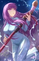 blunt_bangs breasts dress female fern_(sousou_no_frieren) floating highres holding holding_staff large_breasts long_hair long_sleeves looking_at_viewer mage_staff magic mochachiiino open_mouth purple_eyes purple_hair sidelocks solo sousou_no_frieren staff straight_hair tight_clothes tight_dress white_dress