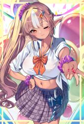 absurdres blonde_hair bow bowtie breasts cleavage closed_mouth collarbone collared_shirt cowboy_shot crop_top dark_elf elf female ganguro gyaru hand_on_own_hip highres hololive hololive_fantasy hololive_japan kogal large_breasts long_hair looking_at_viewer loose_bowtie midriff miniskirt multicolored_hair navel one_eye_closed orange_bow orange_bowtie orange_eyes pleated_skirt pointy_ears ponytail red_nails school_uniform scrunchie shiranui_flare shirt side_ponytail skirt sleeves_rolled_up smile solo streaked_hair tied_shirt v very_long_hair virtual_youtuber white_shirt wrist_scrunchie yuutarou_(fukiiincho)