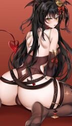 arm_sleeves ass back bare_shoulders behind_view belts black_hair butt crown dark_hair fangs feet_in_stockings green_eyes hair_ornament head_wings indie_virtual_youtuber layna_lazar long_hair looking_back mouth_open on_knees pussy rinko_san sitting solo_female tail thick_ass thick_thighs thighhighs virtual_youtuber vtuber