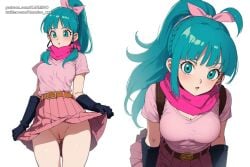 1girls ai_generated blue_eyes bulma_(dragon_ball) bulma_briefs dragon_ball dragon_ball_z female female_only green_hair karmino medium_breasts medium_hair solo_female