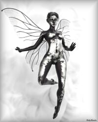 1girls 2023 3d bodypaint dark-skinned_female dark_skin fairy female female_only grey_body grey_skin grey_skin medium_breasts nude nude_female riskybomber short_hair silver_body silver_bodypaint silver_paint silver_skin solo solo_female viewed_from_below white_paint wings