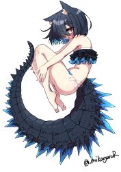 :o absurdres animal_ear_fluff animal_ears artist_name bikini black_bikini black_hair blue_bikini blue_hair cat_ears colored_inner_hair female frilled_bikini frills full_body hair_over_one_eye highres lizard_tail looking_at_viewer mikagura multicolored_hair open_mouth orange_hair original short_hair simple_background solo spines swimsuit tail twitter_username white_background