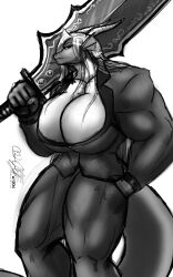 abs anthro biceps big_breasts big_muscles breasts cylnx dragon female huge_breasts large_breasts large_muscles muscles muscular muscular_female sword weapon