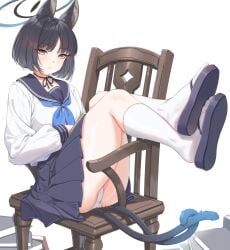 2_tails :/ allied_hyakkiyako_academy_student animal_ears black_hair black_ribbon blue_archive blue_halo blue_neckerchief blue_sailor_collar blue_skirt book book_stack cat_ears cat_girl cat_tail chair closed_mouth commentary_request fangxiang_cuoluan female grey_eyes halo highres hyakkaryouran_conflict_resolution_council_(blue_archive) kikyou_(blue_archive) kneehighs light_blush long_sleeves looking_at_viewer multi_tail neck_ribbon neckerchief on_chair panties pleated_skirt ribbon sailor_collar sandals school_uniform shirt short_hair simple_background sitting_sideways skirt socks solo tail thighhighs toes underwear white_background white_panties white_shirt white_socks zouri