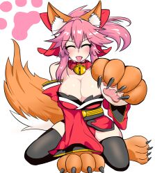 animal_ear_fluff animal_ears animal_hands bell blush breasts cat_paws cleavage closed_eyes collar fate/grand_order fate_(series) female fox_ears fox_girl fox_tail gloves highres japanese_clothes jingle_bell kimono large_breasts long_hair looking_at_viewer neck_bell open_mouth paw_gloves paw_shoes pink_hair ponytail red_kimono red_ribbon ribbon simple_background solo tail tamamo_(fate) tamamo_cat_(fate) tongue uraki_jin_(artist) white_background