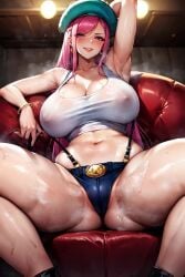 aged_up ai_generated bare_legs big_breasts big_thighs erect_nipples female female_only gigantic_breasts jewelry_bonney nipples_visible_through_clothing one_piece pink_hair pussy_visible_through_panties short_shorts shounen_jump squatting stable_diffusion sweat sweatdrop sweaty_body tanumanai thick_thighs thighs voluptuous voluptuous_female