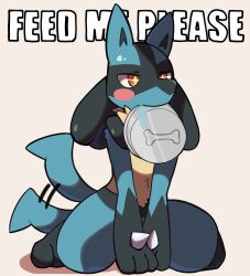 2023 all_fours ambiguous_gender anthro asking_for_food begging black_body black_fur blue_body blue_fur blush blush_stickers bodily_fluids bowl container cute digital_media_(artwork) english_text food_bowl fur generation_4_pokemon hi_res image_macro kemono lucario mouth_hold nintendo paws pet_bowl pokemon pokemon_(species) reaction_image saliva simple_background solo tail tail_motion tailwag tan_body tan_fur text white_background