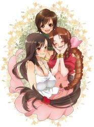 3girls aerith_gainsborough artist_request big_breasts black_hair bracelet brown_eyes brown_hair cleavage closed_eyes dress drill_hair female female_only final_fantasy final_fantasy_vii flower hair_ornament hair_ribbon hair_scrunchie hand_on_another's_shoulder hands_on_own_face happy highres jewelry large_breasts long_hair looking_at_another looking_at_viewer lower_teeth_only midriff multiple_girls navel open_mouth red_eyes ribbon scrunchie shirt short_hair simple_background smile t-shirt teeth tifa_lockhart upper_body upper_teeth_only very_long_hair yuffie_kisaragi