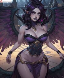 4k absurdres ai_generated big_eyes cmtilins cute_eyes demon demon_girl demon_wings highres league_of_legends medium_breasts morgana muscular_female narrow_waist purple_body ripped_clothing wide_hips