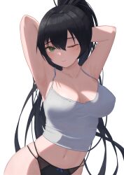 absurdres armpits arms_behind_head black_hair black_panties blush bow bow_panties breasts camisole cleavage closed_mouth collarbone covered_nipples cowboy_shot female green_eyes hair_between_eyes high_ponytail highres large_breasts light_smile long_hair looking_at_viewer midriff mole mole_under_eye navel one_eye_closed original panties pige_pig simple_background solo spaghetti_strap underwear white_background white_camisole