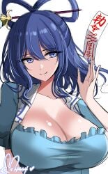 absurdres artist_name blue_dress blue_eyes blue_hair breasts button_gap cleavage dress female frilled_sleeves frills hair_rings highres hisin kaku_seiga large_breasts medium_hair ofuda puffy_short_sleeves puffy_sleeves seiga_kaku short_sleeves solo touhou upper_body white_background