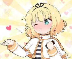 @_@ blonde_hair blowing_kiss blush can canned_coffee capelet commentary_request cosplay female flying_sweatdrops frieren frieren_(cosplay) gochuumon_wa_usagi_desu_ka? green_eyes hands_up heart holding holding_can kirima_syaro long_sleeves mitya nose_blush one_eye_closed puckered_lips shirt solo sousou_no_frieren striped striped_shirt sunburst sunburst_background sweat upper_body white_capelet