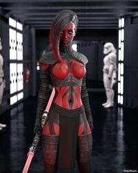 1girls 2023 3d black_body black_bra black_hair black_skin bra clothed clothing darth_maul depth_of_field fanart female female_focus holding_lightsaber indoors large_breasts looking_at_viewer pelvic_curtain red_body red_eyes red_hair red_lightsaber red_skin riskybomber rule_63 sci-fi science_fiction sith solo_focus standing star_wars stormtrooper thighhighs two-tone_hair two_tone_hair