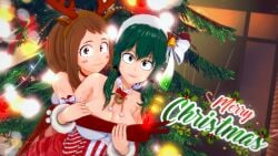 2girls adult_swim brown_hair christmas christmas_tree eight69 female female_deku female_focus female_only green_hair izuku_midoriya multiple_girls my_hero_academia ochako_uraraka rule_63 toonami yuri