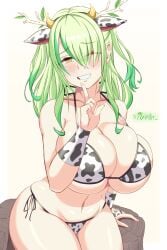 absurdres alternate_costume animal_ear_headwear animal_ears animal_print antlers bikini blush breasts bridal_gauntlets ceres_fauna cow_ears cow_horns cow_print cow_print_bikini fake_animal_ears fake_horns female finger_to_mouth green_hair grin highres hololive hololive_english hololive_english_-council- hololive_english_-promise- horns large_breasts long_hair mak0h mole mole_under_eye navel one_eye_closed side-tie_bikini_bottom signature simple_background sitting sitting_on_tree_stump skindentation smile solo swimsuit tree_stump virtual_youtuber yellow_eyes