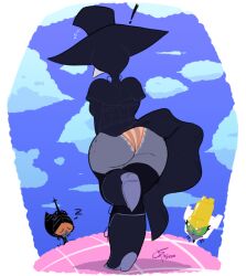 ai_generated ass black_clothing clothed clothing embarrassed femboy frosting.ai grey_skin hat huge_ass orange_panties panties plague_doctor public purple_letter rear_view sky solo