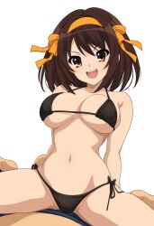 1girls bangs big_breasts bikini black_underwear bra breasts brown_eyes brown_hair cowgirl_position female hair_ribbon haruhisky hourglass_figure large_breasts light_skin medium_hair open_mouth pov spread_legs straight_hair suzumiya_haruhi suzumiya_haruhi_no_yuuutsu swimsuit tagme_(artist) white_skin