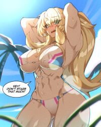 1girls abs absurdres armpits arms_behind_head arms_up bare_shoulders barghest_(gawain)_(fate) barghest_(swimsuit_archer)_(final_ascension)_(fate) biceps bikini blonde_hair blue_sky breasts cleavage english_text fate/grand_order fate_(series) female green_eyes highres horns hyperbudd large_breasts long_hair looking_at_viewer multicolored_bikini multicolored_clothes muscular_female navel open_mouth palm_tree ponytail sky solo speech_bubble swimsuit thick_thighs thighs tree white_bikini