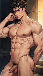 1boy ai_generated ai_penis black_hair jojo's_bizarre_adventure jotaro_kujo male male_only muscular_male nude_male pecs penis solo stardust_crusaders