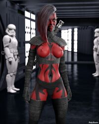 1girls 2023 3d black_body black_hair black_skin darth_maul depth_of_field fanart female female_focus front_view indoors large_breasts lightsaber looking_at_viewer red_body red_eyes red_hair red_skin riskybomber rule_63 sci-fi science_fiction sith solo_focus standing star_wars stormtrooper thighhighs topless two-tone_hair two_tone_hair