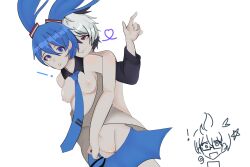 1boy 2girls blue_eyes blue_hair breasts breasts_out hatsune_miku kagamine_len lesbian long_hair looking_at_another looking_at_viewer partially_clothed pussy standing tomboy v_flower vocaloid white_background yuri