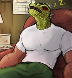 absurd_res animal_head bodily_fluids bottomwear bubble bulge calendar_(object) chair clothing detailed_bulge dorohedoro for_a_head furniture genital_outline hi_res iconography kaiman kaiman_(dorohedoro) kinkmilk male male_only pants penis_outline scalie shirt sitting sleeping snot snot_bubble solo sound_effects topwear vowelless vowelless_sound_effect white_clothing white_shirt white_topwear zzz