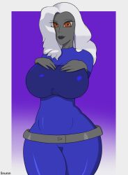 2023 absurd_res alien alien_girl belt big_breasts black_lipstick black_skin breasts clothing dark_skin female female moran_volker no_humans orange_eyes schnuron signature tight_clothing white_hair wide_hips