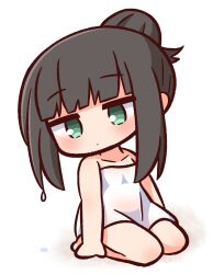 bare_arms bare_shoulders barefoot black_hair blush chibi chibi_style closed_mouth collarbone female full_body green_eyes hair_bun hana_kazari highres long_hair looking_at_viewer naked_towel original seiza sidelocks single_hair_bun sitting solo towel wet wet_hair white_background