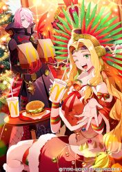 1boy ;d bag beckoning bell black_coat burger christmas christmas_ornaments christmas_tree closed_mouth coat copyright_notice cup disposable_cup dress drinking_straw fast_food fate/grand_order fate_(series) feather_hair_ornament feathers feet_out_of_frame female food fur-trimmed_dress fur_trim gloves hair_ornament hair_over_one_eye hanging_light headdress holding holding_bag holding_cup jingle_bell karna_(fate) karna_(santa)_(fate) low-tied_sidelocks mcdonald's meiji_ken official_art one_eye_closed paper_bag parted_bangs quetzalcoatl_(fate) quetzalcoatl_(samba_santa)_(fate) red_gloves ribbon sandbag sitting smile standing table