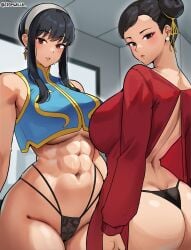 2girls abs alternate_costume ass big_ass big_breasts black_hair breasts brown_eyes brown_hair capcom chun-li chun-li_(cosplay) clothed clothing clothing_swap costume_switch cromwellb crossover dat_ass female female_only huge_ass huge_breasts large_ass large_breasts light-skinned_female light_skin long_hair mature mature_female milf multiple_girls muscular_female outfit_swap red_eyes spy_x_family street_fighter street_fighter_6 yor_briar yor_briar_(cosplay) yor_forger