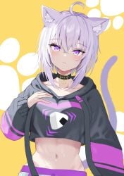 absurdres ahoge animal_collar animal_ear_fluff animal_ears black_collar black_hoodie cat_ears cat_girl cat_tail collar crop_top crop_top_overhang cropped_hoodie crossed_bangs double-parted_bangs female food hair_between_eyes highres hololive hololive_gamers hololive_japan hood hoodie long_sleeves looking_at_viewer midriff navel nekomata_okayu nekomata_okayu_(1st_costume) onigiri onigiri_print pants paw_print purple_eyes purple_hair shiemika324 short_hair solo sweatpants tail virtual_youtuber yellow_background