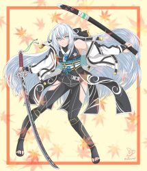 absurdres artist_name autumn_leaves blue_eyes bow breasts clothing_cutout coat double-parted_bangs eiyuu_densetsu female floating_hair full_body hair_between_eyes hairbow half_updo highres holding holding_sheath holding_sword holding_weapon katana kuro_no_kiseki leaf long_hair looking_at_viewer maple_leaf medium_breasts open_clothes open_coat pommel_tassel sakamata_kiseki sheath shizuna_rem_misurugi signature smile solo sword tabi tassel thigh_cutout thighhighs weapon white_hair