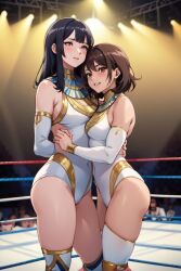 ai_generated egyptian_female female_only standing tag_team wrestler wrestling_ring yuri yuri