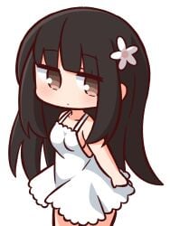 bare_arms bare_shoulders black_hair blush breasts brown_eyes chibi chibi_style closed_mouth collarbone dress female flower hair_flower hair_ornament hana_kazari highres long_hair looking_at_viewer original simple_background sleeveless sleeveless_dress small_breasts solo very_long_hair white_background white_dress white_flower