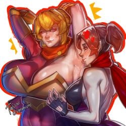 2girls arm_up blonde_hair bodysuit breastplate dc_comics dcuaom female_only huge_breasts incest justice_league_x_rwby:_super_heroes_and_huntsmen licking_armpit medium_breasts multiple_girls orange_scarf purple_eyes red_eyes red_scarf ruby_rose rwby saliva saliva_trail scarf simple_background sisters steaming_body tongue upper_body varanuons white_background yang_xiao_long yuri