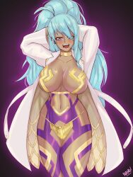 arms_behind_head breasts coat collar fire_emblem fire_emblem_heroes mole_under_mouth nahusmash nidhöggr nidhoggr_(fire_emblem) nintendo open_mouth skimpy