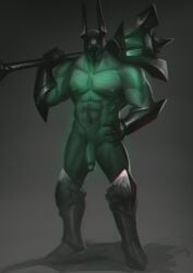 1boy 2019 bara bara_tits barazoku battle_demon big_penis completely_nude gay green_body green_skin helmet horned_helmet league_of_legends looking_at_viewer male male_focus male_nipples male_only manly mordekaiser muscular_male nipples nude penis riot_games solo solo_male yaoi