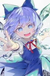 blue_bow blue_eyes blue_hair blush bow cirno female hairbow highres looking_at_viewer open_mouth short_hair smile solo syuri22 touhou v v-shaped_eyebrows