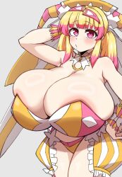 alternate_body_type alternate_breast_size areola_slip beatmania beatmania_iidx blush cowboy_shot gigantic_breasts hand_on_hip hyper_breasts j0hn_mung ki_no_rapika looking_away one_arm_up scratching_head skindentation tagme thick_thighs whistling wide_hips