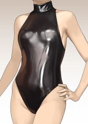 bare_arms bare_shoulders black_one-piece_swimsuit breasts collarbone cowboy_shot female gradient_background grey_background groin hand_on_own_hip head_out_of_frame highres jchoy one-piece_swimsuit original shiny_clothes small_breasts solo standing swimsuit white_background