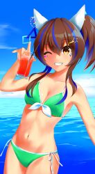 alternate_costume animal_ears ao_komhur bare_shoulders beach bikini blue_hair blue_sky breasts brown_hair colored_inner_hair commentary_request cowboy_shot cup daitaku_helios_(umamusume) drinking_straw facial_tattoo female front-tie_bikini_top front-tie_top green_bikini grin highres holding holding_cup horse_ears horse_girl medium_breasts medium_hair multicolored_hair navel ocean one_eye_closed outdoors side-tie_bikini_bottom sky smile solo streaked_hair swimsuit tan tattoo umamusume water yellow_eyes