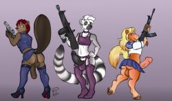 absurd_res ak47 ak_platform anthro anus assault_rifle bad_trigger_discipline balls beaver blonde_hair bottomwear choker clothed clothing crossdressing equid equine erection flaccid footwear garter_belt garter_straps genitals girly group gun hair hanazawa hand_on_hip handgun hi_res high_heels holding_gun holding_handgun holding_object holding_pistol holding_rifle holding_shotgun holding_weapon hooves horse jewelry legwear lemur male mammal markings midriff navel necklace penis pistol pony primate raised_tail ranged_weapon red_hair rifle ring_(marking) ringtail rodent shotgun simple_background skirt stockings strepsirrhine tail tail_markings thigh_highs trio underhoof unguligrade_anthro weapon white_hair