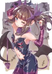 armpits arms_up bare_shoulders bat_(animal) bat_wings blue_eyes blunt_bangs blush bodysuit brown_hair center_opening closed_mouth clothing_cutout cowboy_shot demon_girl demon_horns demon_tail demon_wings detached_collar detached_sleeves elbow_gloves facial_mark female fur_collar gloves hair_ornament hand_in_own_hair heart highres holding holding_hair horns kurosu_aroma looking_at_viewer low_wings navel navel_cutout one_eye_closed parted_lips pretty_series priority9 pripara purple_gloves revealing_clothes sidelocks solo standing stomach_cutout strapless tail twintails wings young