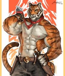 1boy 2023 abs absurd_res alexxxnttt anthro bara belt biceps black_bottomwear black_clothing black_pants border bottomwear bulge claws clothing deltoids detailed detailed_background epic_games felid finger_claws fingerless_gloves fortnite fur furry furry_only gay gloves handwear hi_res holding_knife holding_object knife knife_sheath male male_only mammal multicolored_body multicolored_fur muscular muscular_anthro muscular_male necktie notched_ear obliques orange_background orange_body orange_fur oscar_(fortnite) pantherine pants pecs red_necktie sharp_claws sheathed_weapon shirtless_male signature simple_background smiling solo striped_body striped_fur stripes tail tie tiger triceps two_tone_body two_tone_fur white_body white_border white_fur yellow_border yellow_eyes