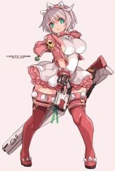 ahoge blue_eyes boots breasts cleavage covered_nipples elphelt_valentine female fingerless_gloves gloves guilty_gear guilty_gear_strive gun hairband highres holding holding_gun holding_weapon jacket karukan_(monjya) large_breasts leather leather_jacket pink_hair short_hair smile solo spikes thick_thighs thigh_boots thighhighs thighs weapon white_hair wide_hips