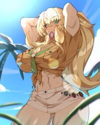 1girls abs absurdres arms_behind_head arms_up barghest_(gawain)_(fate) barghest_(swimsuit_archer)_(first_ascension)_(fate) biceps blonde_hair blue_sky blush breasts cleavage fate/grand_order fate_(series) female green_eyes grey_skirt high_ponytail highres hyperbudd large_breasts long_hair looking_at_viewer midriff miniskirt mouth_hold muscular_female navel neckerchief palm_tree shirt short_sleeves sidelocks skirt sky solo thick_thighs thighs tied_shirt tree yellow_shirt