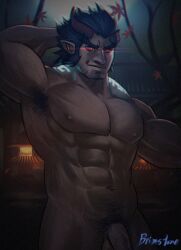 1boy 2019 arm_behind_head armpit_hair balls bara bara_tits barazoku battle_demon beard_stubble completely_nude gay looking_at_viewer male male_focus male_nipples male_only male_pubic_hair manly muscular_male nipples nude penis solo solo_male takemaru_(tokyo_afterschool_summoners) tokyo_afterschool_summoners tusks yaoi