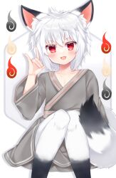 :d animal_ear_fluff animal_ears collarbone commission copyright_request feet_out_of_frame fox_shadow_puppet grey_hair grey_kimono hair_between_eyes hand_up highres japanese_clothes kimono knees_together_feet_apart long_sleeves looking_at_viewer oerba_yun_fang red_eyes shikito sitting skeb_commission smile tail white_background wide_sleeves